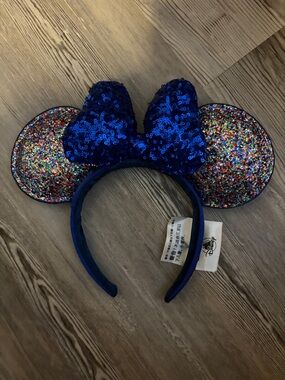 Disney Royal Blue Sequin Bow Ear Headband with Multicolor Glitter Ears